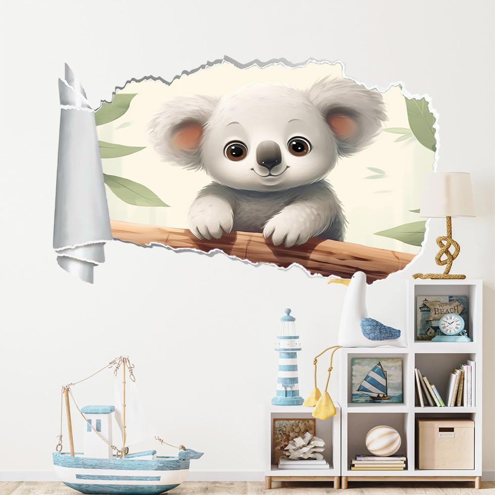 Decalcomanie da muro Art 3D Fracassato Animali Koala Adesivi murali Foglie Carta da parati Camera da letto autoadesivo per ragazze Camera da letto Nursery Home