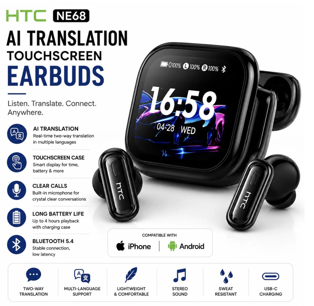 HTC Auricolari wireless NE68 con custodia touchscreen, Bluetooth 6.0, nero | Custodia di ricarica touchscreen a colori con supporto per la traduzione