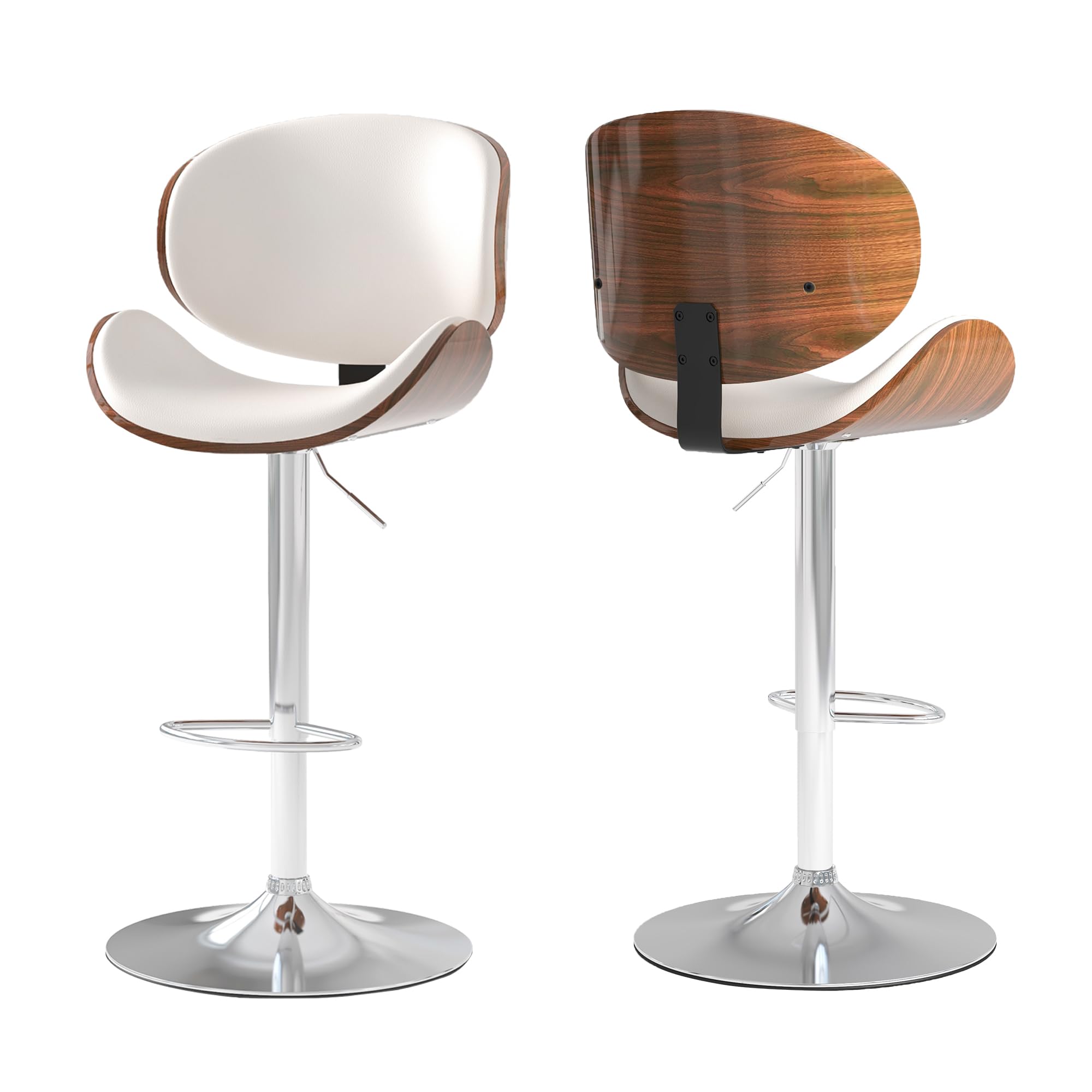 Homedraft Adjustable Swivel Bar Stools Set of 2, Modern Bentwood Barstool with Large Metal Base and Footrest, PU Leather Upholstered Bar Chair with