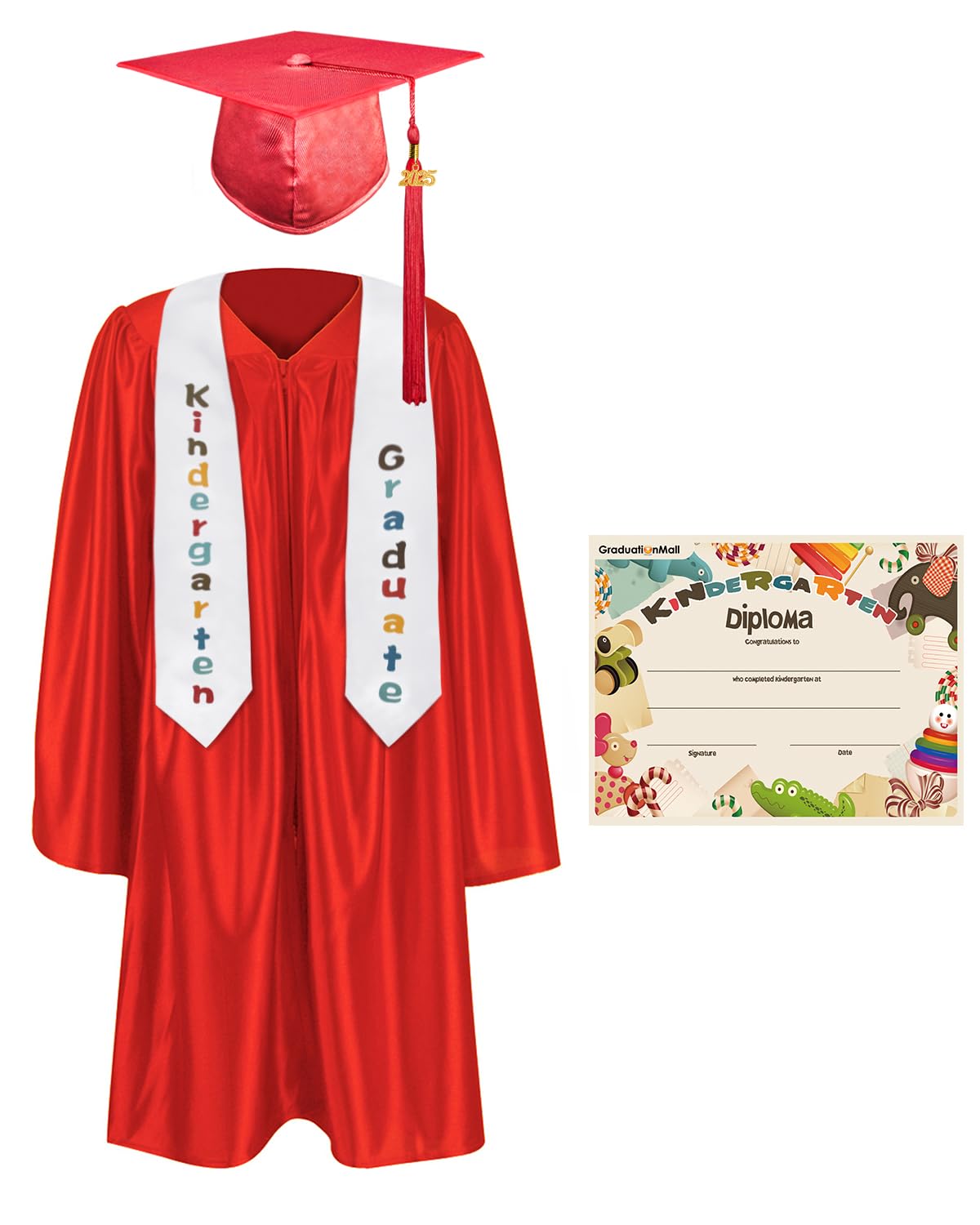 GraduationMall Kindergarten Graduation Cap Gown Stole Package with 2025 Tassel, Certificate