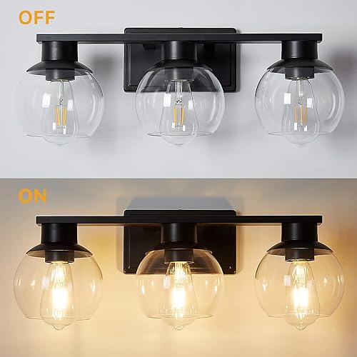 Miniatura 8 de 3 luces negras para tocador de baño, modernos accesorios de iluminación de baño con pantalla de vidrio de globo, lámpara de pared negra mate de 22