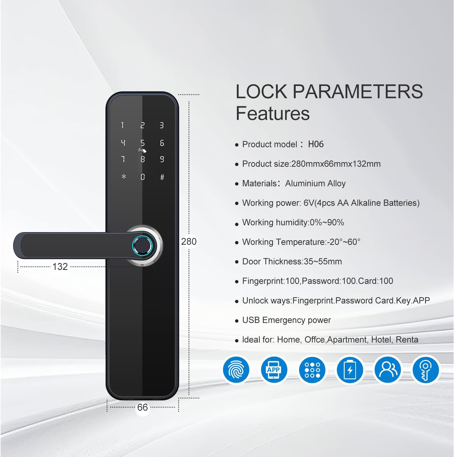 Makayuron H06 Smart Door Lock parameters and features, including dimensions, materials, power, and unlock methods.