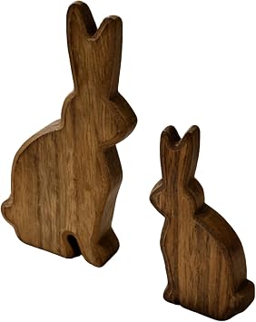 FESTGLOX Wooden Easter Bunny Decor, Rustic Wooden Bunny Figurines Set of 2, Natural Brown Wood Rabbit Statues for Farmhouse Spring Home Decor, Mantel Shelf Centerpiece, Unique Gift