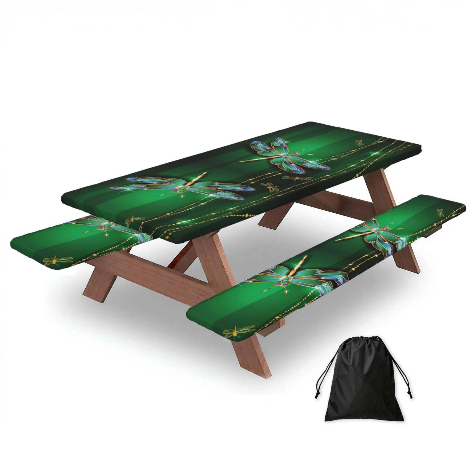 Duwaa Black Jewel Dragonfly Print 183Cm Picnic Table Cover With Bench Covers, Waterproof Elastic Tablecloth Set For Outdoor