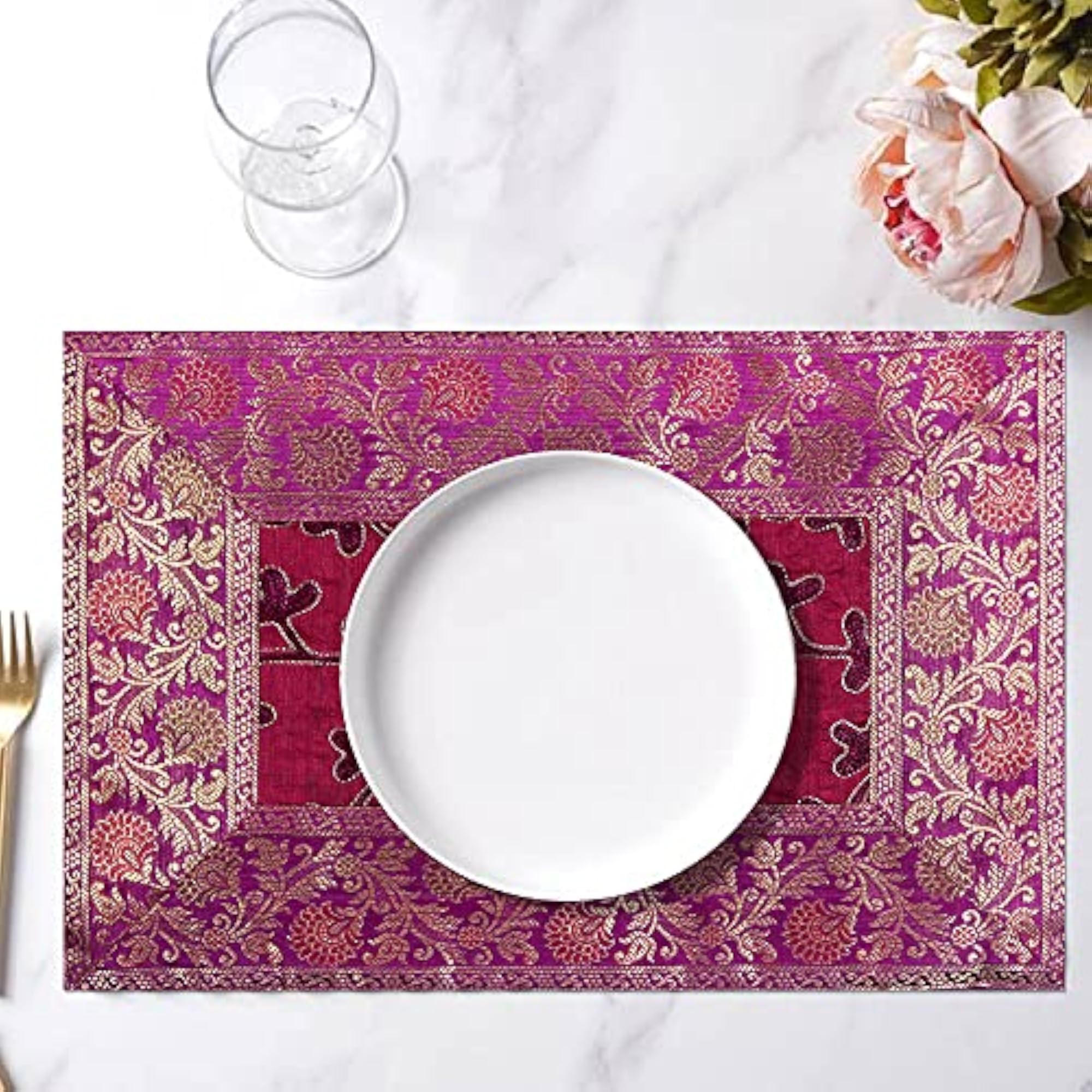 Pink Dining Table Place Mats, Silk, 6 Pcs Set