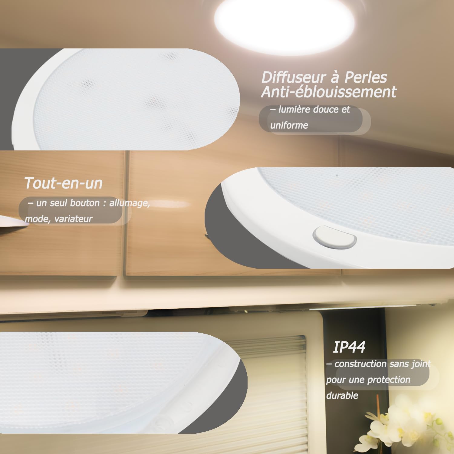 D-lite Plafonnier LED 12v pour Camping Car, 22CM Ronde Ultra Plat, Lumière 6000K Blanc Froid Dimmable avec Veilleuse Bleue, Éclairage Intérieur pour Caravane, Fourgon, Bateau, Blanc Moderne