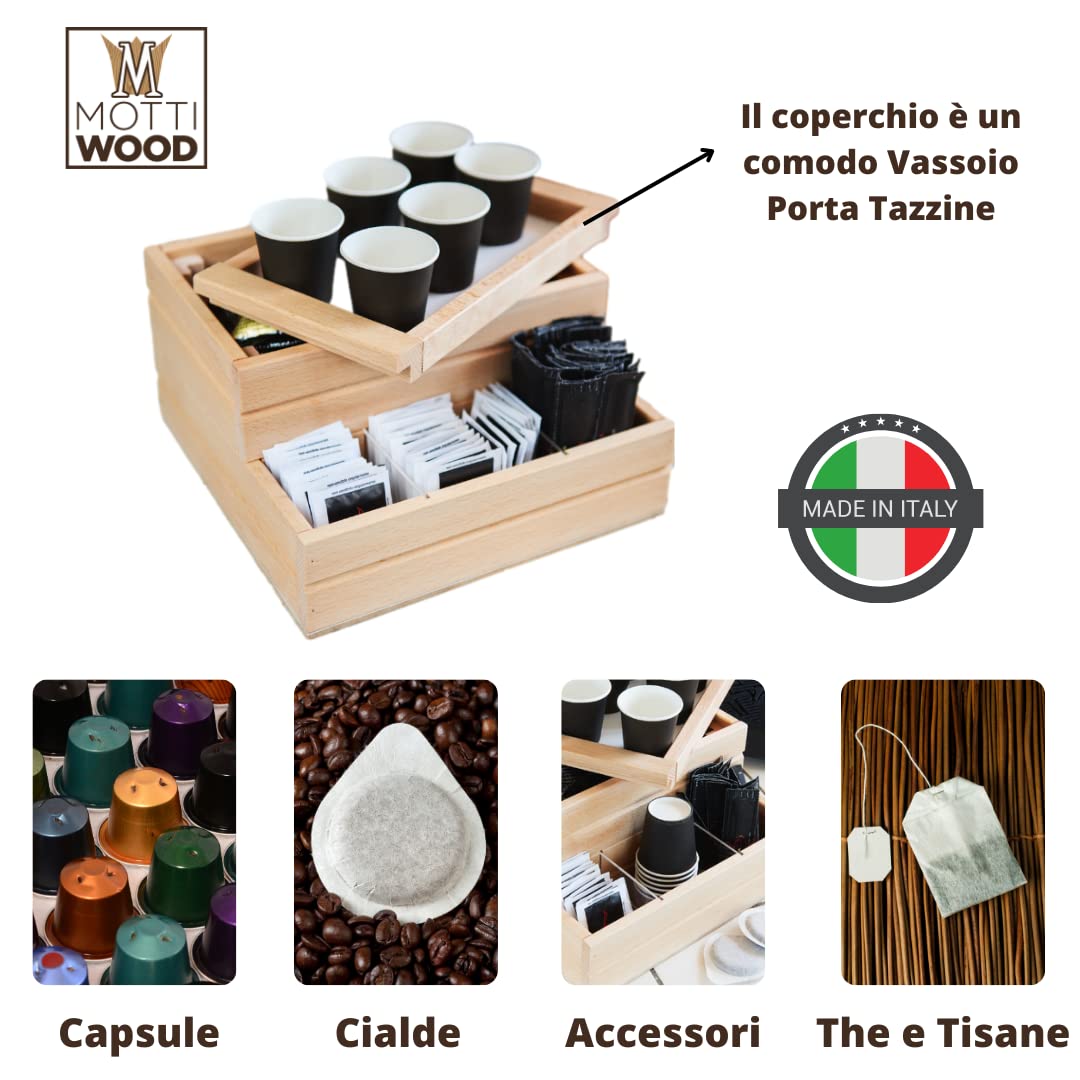Porta Capsule e Cialde in Legno, Organizzatore Caffè, Coperchio Vassoio Estraibile, Vano + 3 Scomparti