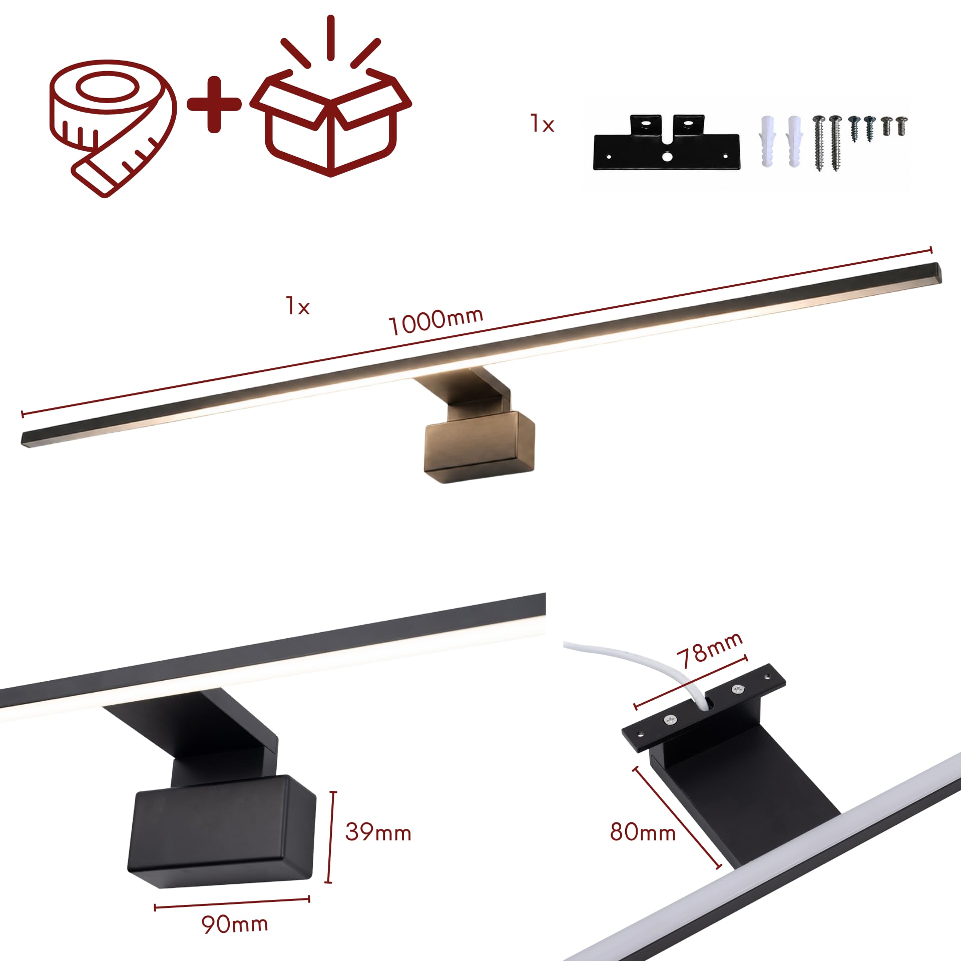 kalb LED Badleuchte Running Light 100 cm IP44 Spiegelleuchte mit Lichtlauf Effekt, 230V Badezimmerlampe für Wand oder Spiegelschrank, Schwarz/Chrom, 3000K/4000K (Schwarz, Neutralweiß)