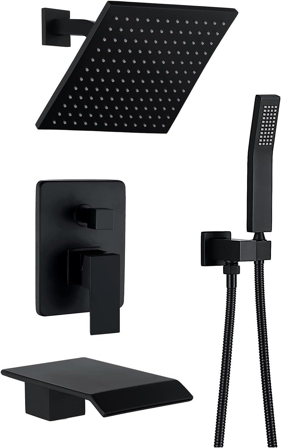 Bathtub Shower System Matte Black Wall Mount Shower Fixtures with 8 inch Rain Shower Head and Handheld Shower Waterfall Tub Faucet set