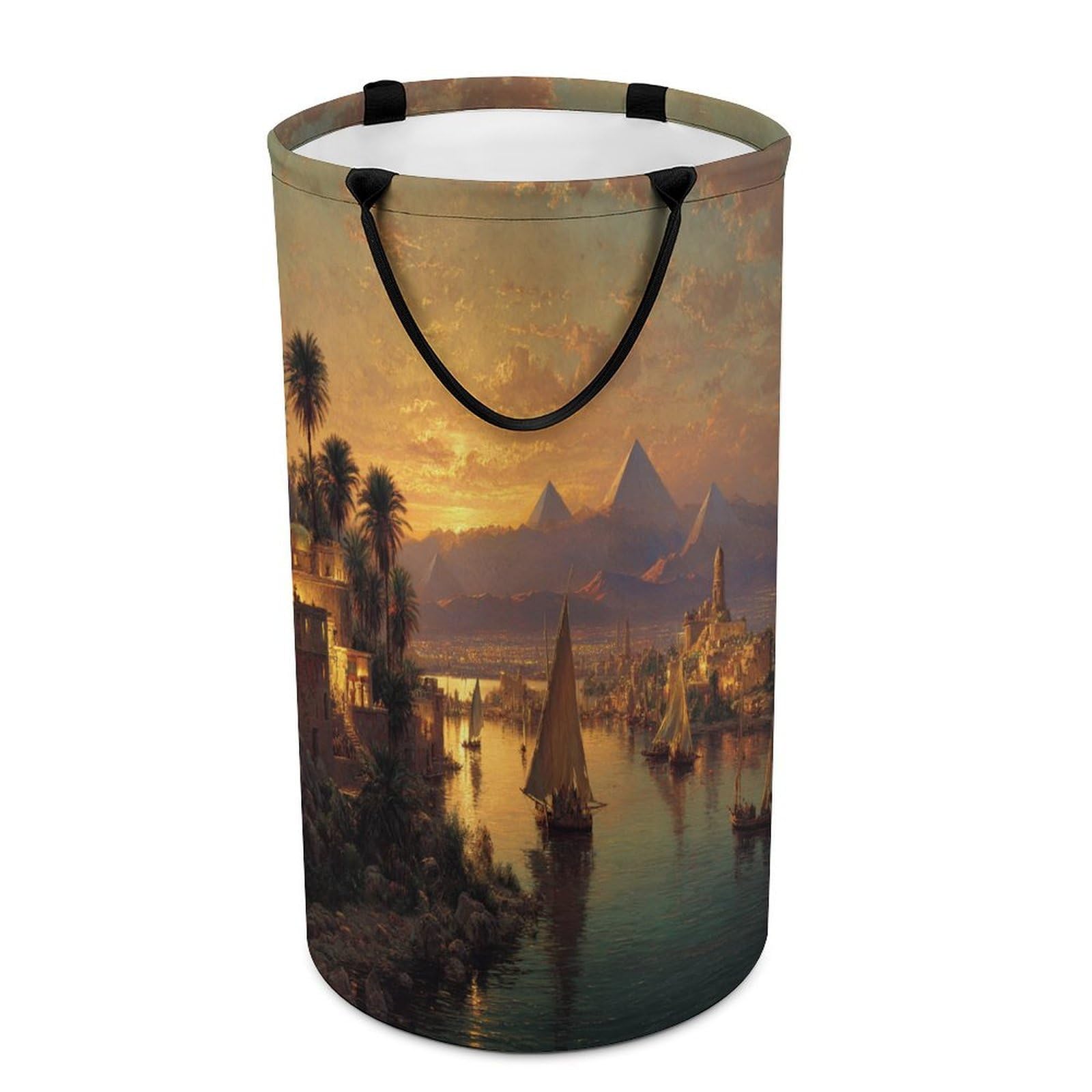 LUYYSKY Beautiful Vintage Egyptian Pyramid Collapsible Dirty Clothes Basket, Classic Natural Sunset Lanscape Tropical Palm Trees Ships Portable Clothes Storage Laundry Basket-40 CM Dia, 69 CM High