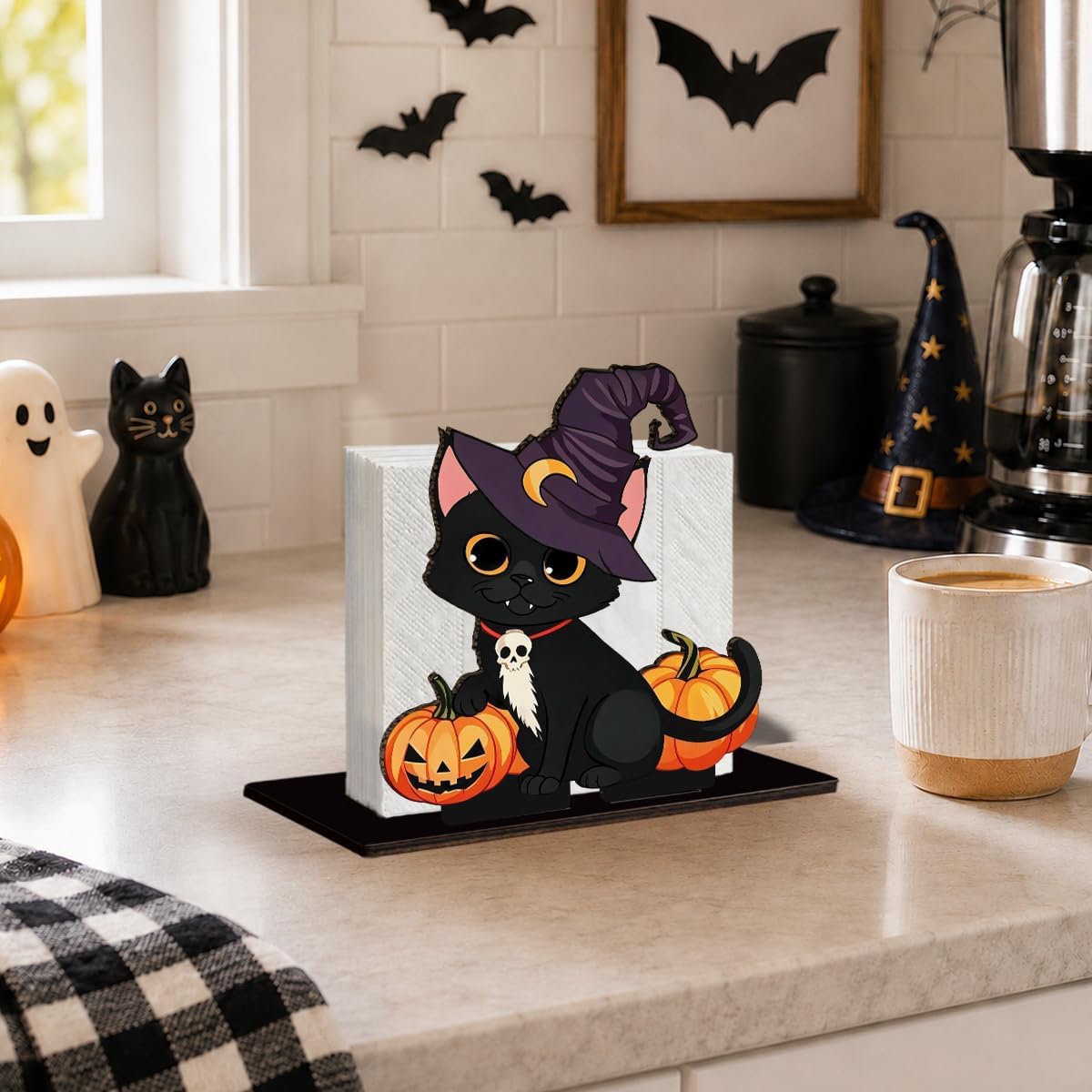 Vintage Halloween Black Cat Napkin Holder for Table, Witch Pumpkin Decor