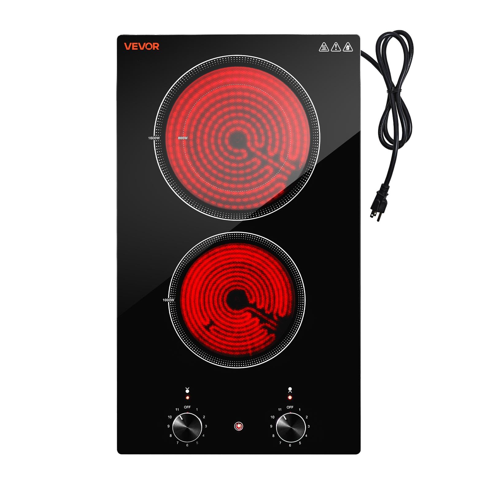VEVOR Electric Cooktop 12in 2 Burners Portable Stove Top 1800W 120V Plug In, Ceramic Countertop/Built-in Radiant Electric Stove, with 11 Power Levels, Over-Heat Guard, Knob Control