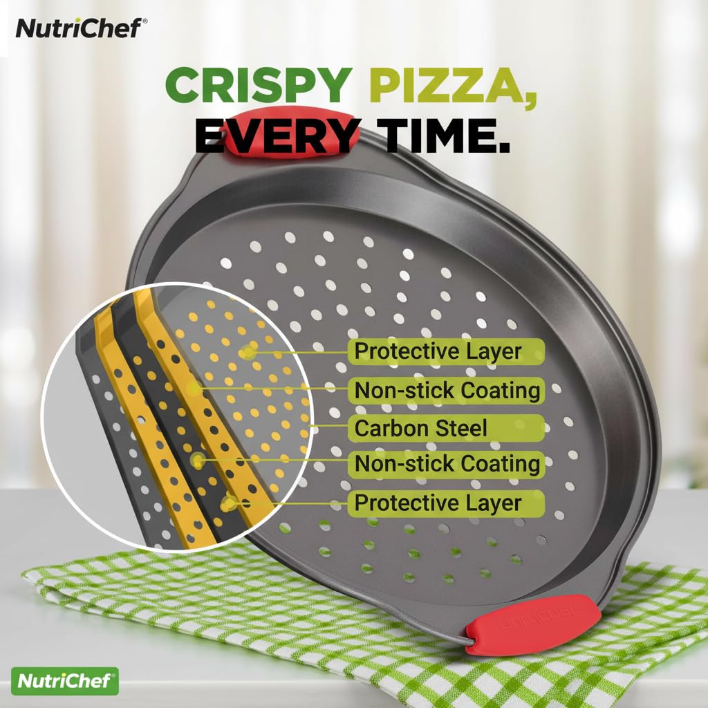 NutriChef 3-Piece Pizza Tray Set with Silicone Handles - Round Nonstick Pizza Pan with Perforated Holes, Durable Carbon Steel, Small, Medium, Large Sizes - Ideal for Crispy, Evenly Baked Pizzas (Gray)