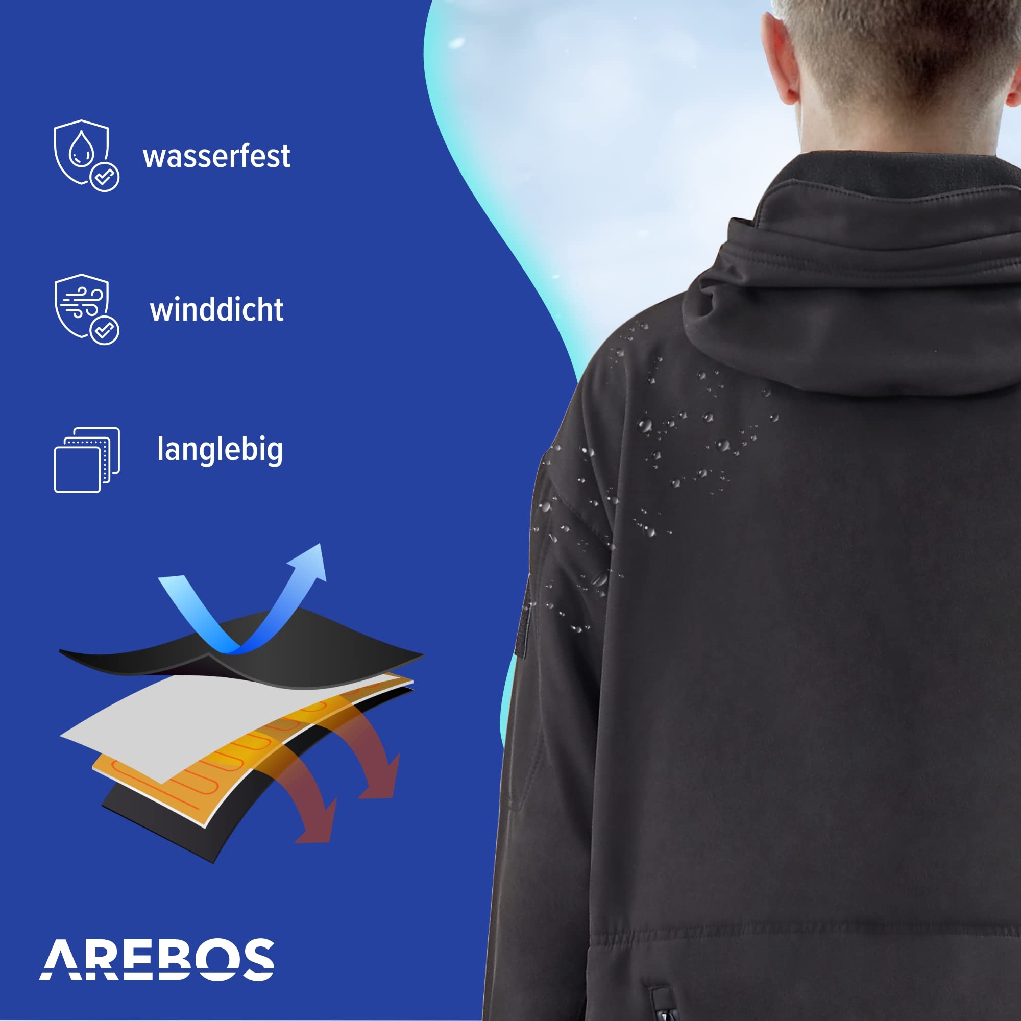 AREBOS Wodoodporna kurtka zimowa | ocieplana kurtka softshell | 7 stref grzewczych w tym power bank 10000 mAh | 3 poziomy ogrzewania | wiatroszczelna | unisex | 2XL