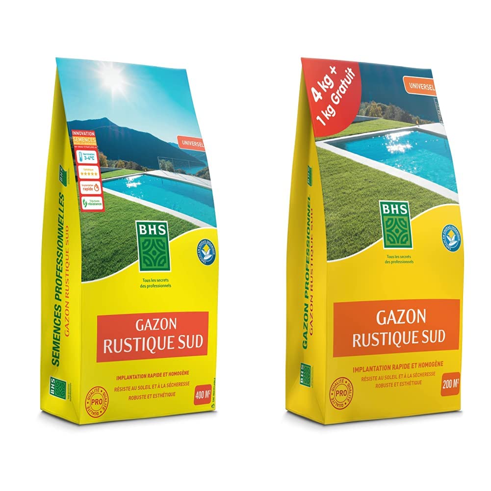 BHS GRS10, 10kg, 400 m², Gazon Rustique Sud, Gazon plus résistant et mieux protégé, Résistance aux conditions sèches grâce à la Fétuque élevée Homogène & GRSP4 Gazon Rustique Sud 5 kg | Soit 200 m²