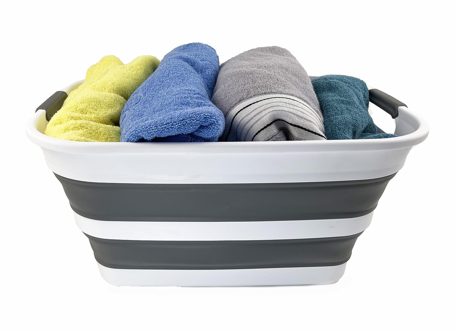 SAMMART Cesto portabiancheria pieghevole in plastica con manici a doppia impugnatura, 27 l, contenitore pieghevole pop up, vasca/cesto salvaspazio portatile (1, bianco/grigio acciaio)