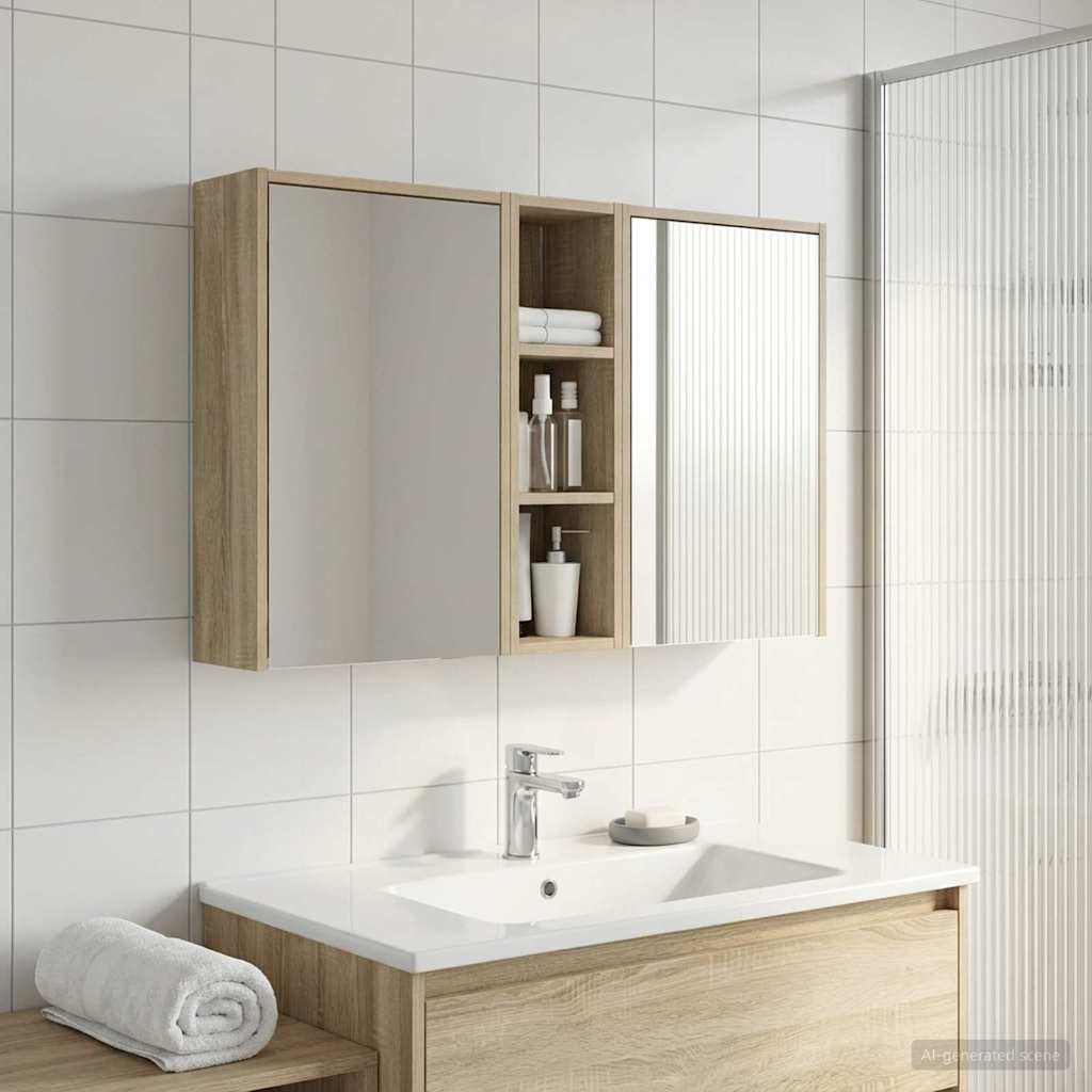 Set di 3 armadietti da bagno, in legno, 106 x 16 x 62,5 cm, con illuminazione a LED, montaggio a parete, vano portaoggetti e specchio bidirezionale, per mobili da bagno, mobiletto sottolavabo