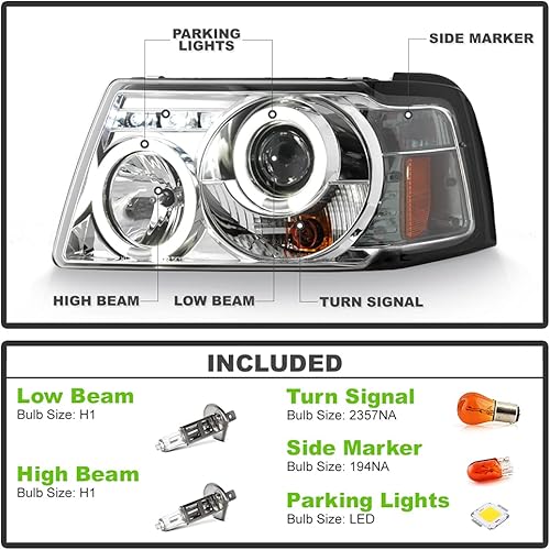 Miniatura 2 de ACANII - Para Ford Ranger 2001-2011 LED Halo Chrome Housing Proyector Faros delanteros con Esquina, Conductor y Pasajero