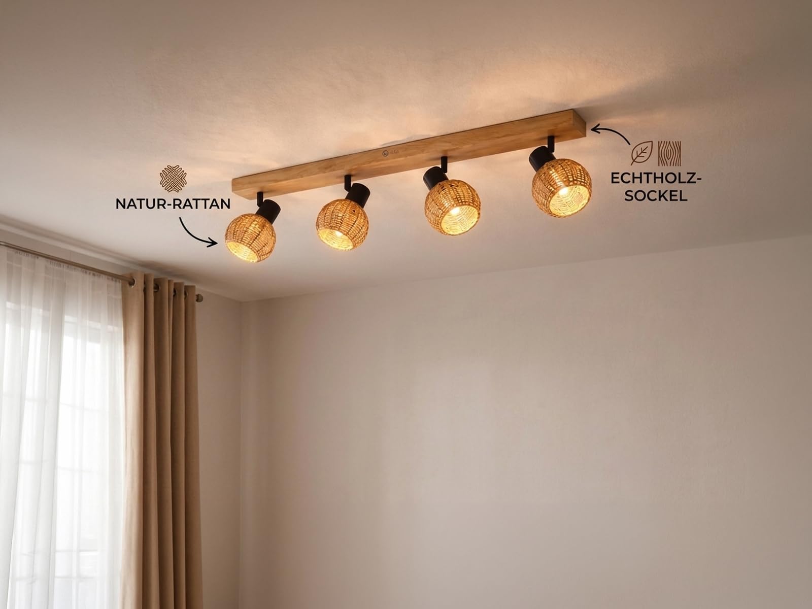 meineWunschleuchte Decken-Strahler Holz & Rattan, Spots schwenkbar