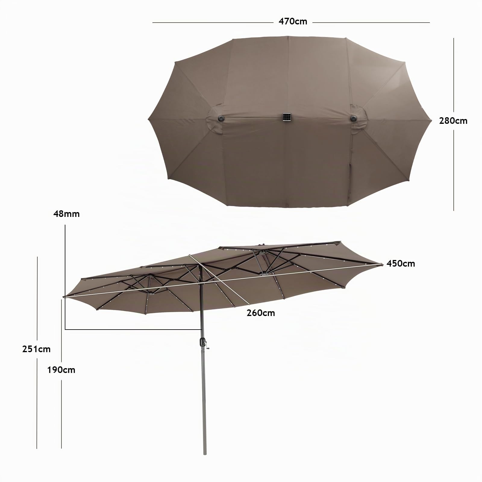 RELAX4LIFE Ombrellone Doppio da Giardino 4,5x 2,6m con Luci LED, Ombrellone Grande con Base, Apertura Manovella, Tetti Ventilati, per Patio, Cortile, Ristorante (Caffè-Luci, 4,5 x 2,6 M)