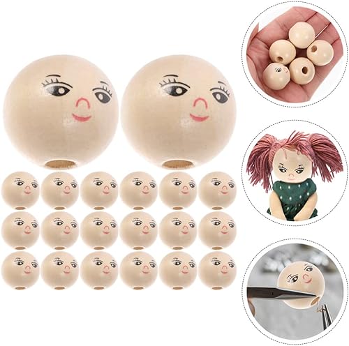 Miniatura 8 de Sewroro 50 cuentas de madera de cara sonriente, cuentas de madera redondas espaciadoras con agujero, cuentas de cabeza de muñeca para niñas, cuentas