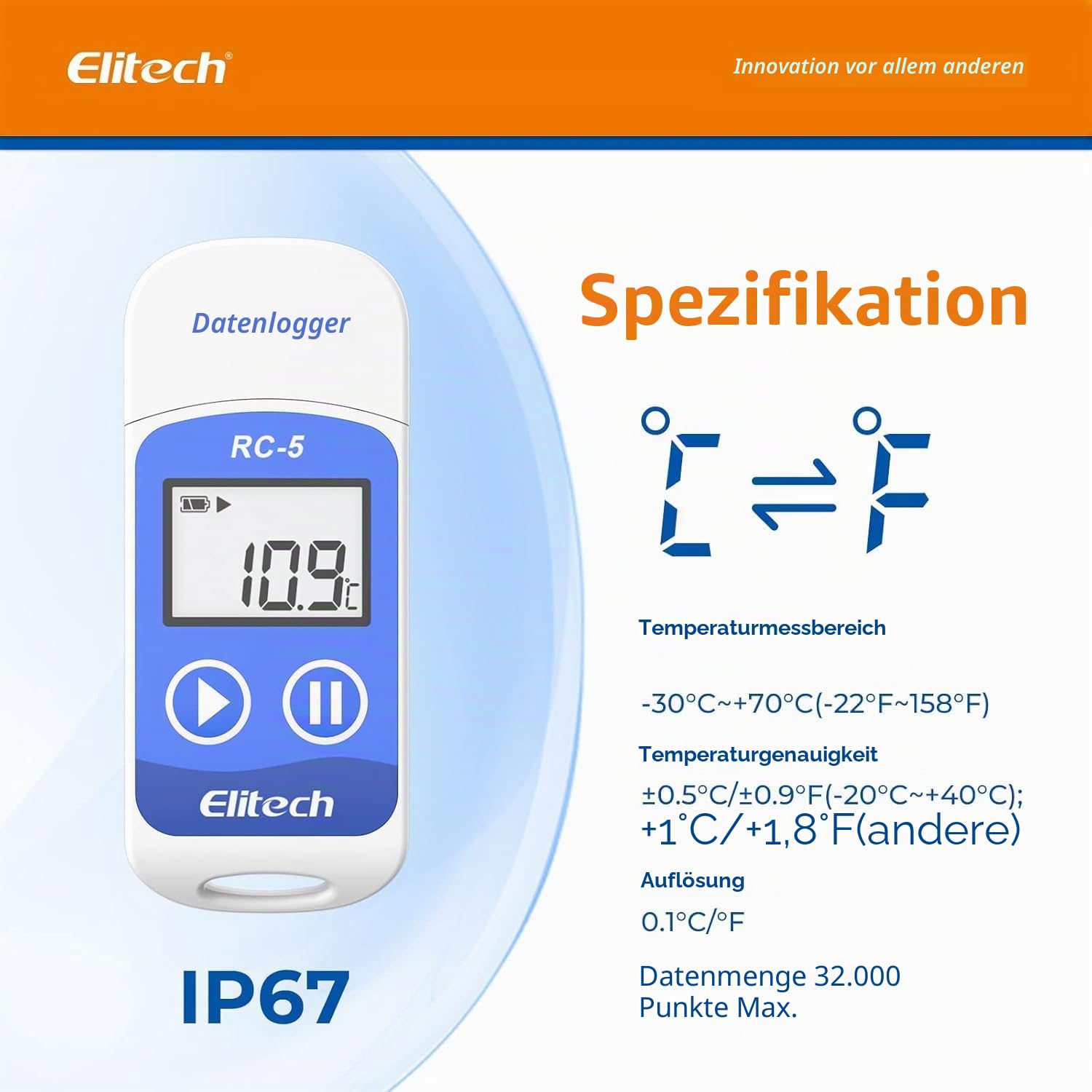 Elitech RC-5 Temperatur Datenlogger Mini USB Temp Rekorder Interner Externer Sensor Hohe Genauigkeit Temperatur Data Logger 32000 Punkte Record Wasserdicht nach IP65 5Packungen