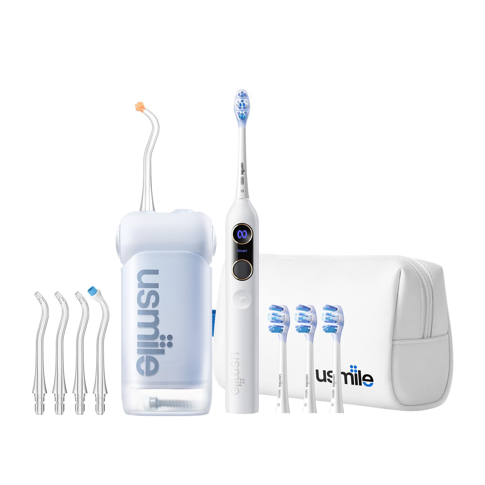 5-in-1 Bundle usmile C10 Portable Water Flosser Blue Y20 PRO AI Smart Electric Toothbrush White Standard Nozzles Replacement