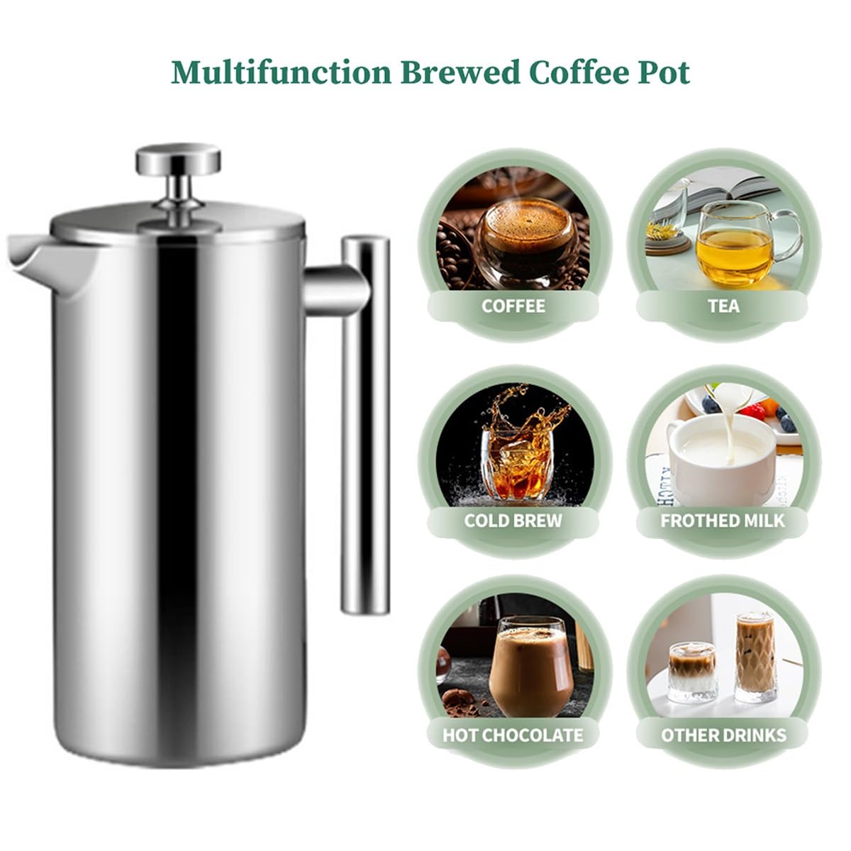 French Press ekspres do kawy srebrna podwójna ścianka prasa do kawy z 3 filtrami ze stali nierdzewnej prasa francuska precyzyjna filtracja do kawy i herbaty, domu, podróży