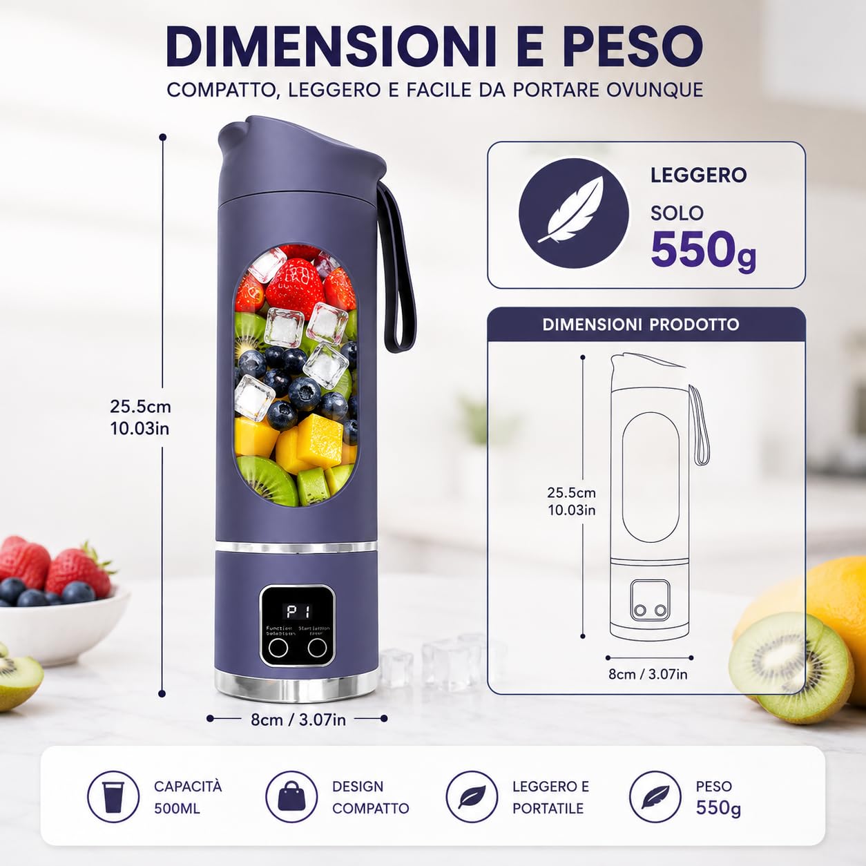 BLENDGO Frullatore Portatile, 450 ml, 8 Lame in Acciaio Inossidabile, 3 Velocità Regolabili, Ricarica USB, 80×80×255 mm, per Frullati e Bevande Salutari