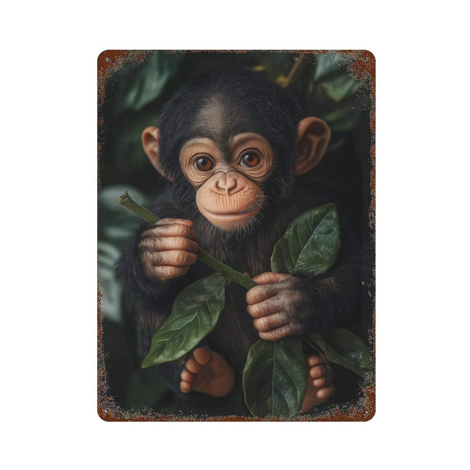 Baby Chimpanzee Holding Branch Rusty Metal Tin Sign 15.7"x11.8", for Basement, Hobby Room And Garage Decor, Retro Wall Decor