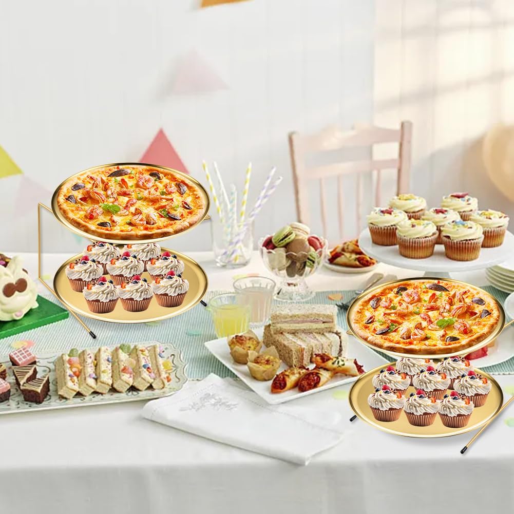 GRETJOB 12 Pcs Pizza Pan Riser Stand Set, 4 Metal Pizza Table Stands + 4 Nonstick Pizza Pans + 4 Pie Servers, Gold Pizza Rack & Tray for Baking, Dessert, Cheese, Party, and Restaurant Use (Gold)
