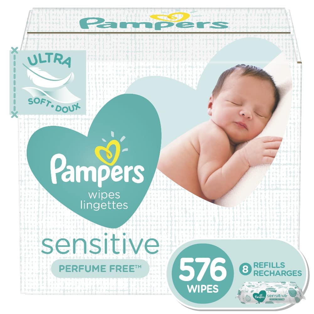 Photo 1 of Baby Wipes, Pampers Sensitive Water Based Baby Diaper Wipes, Hypoallergenic and Unscented, Tub Not Included, 72 Count (Pack of 8), Total 576 Wipes - Packaging May Vary 8x Refill Packs (576 Count)
