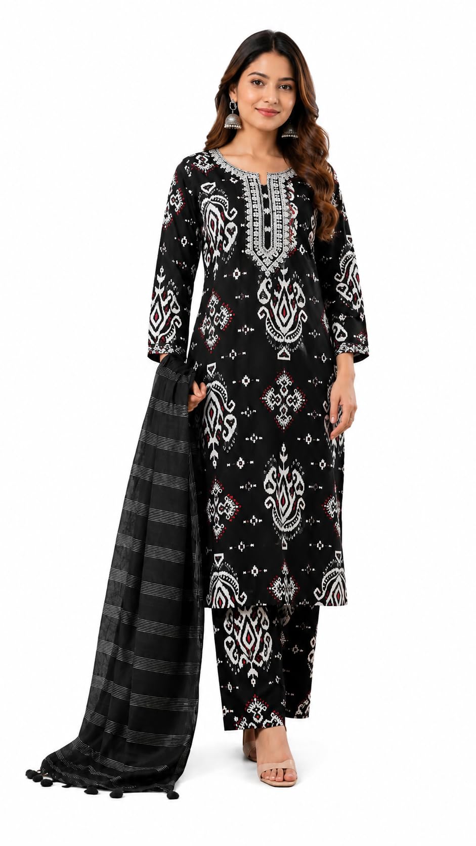 Women’s Black Printed Kurti with Silver Yok on Front and Pant With Dupatta Set | 3 Piece Ethnic Wear Set-image-43