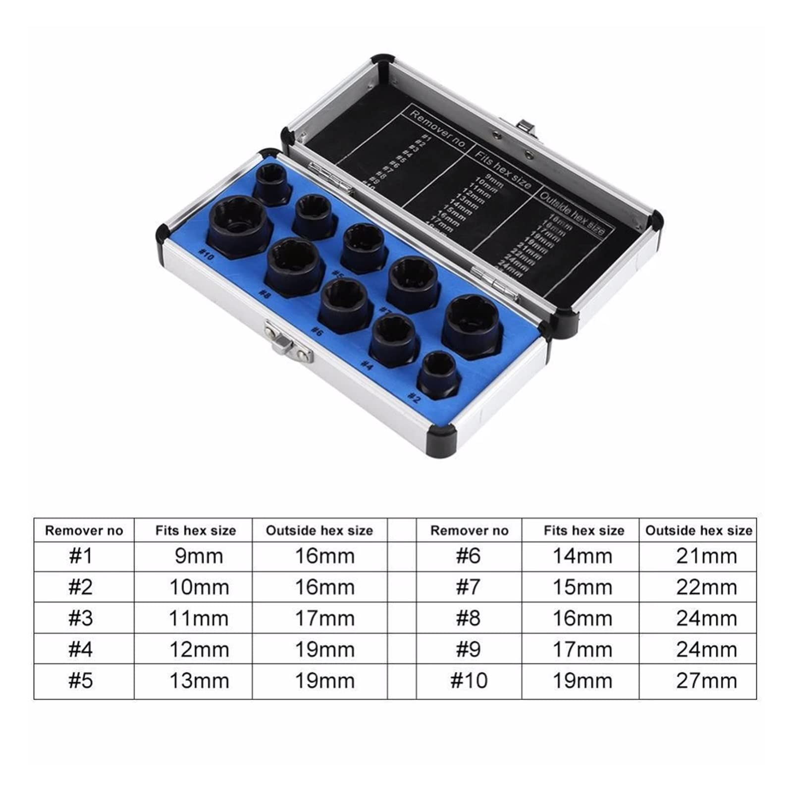 Juego de 10 Tuercas de Vaso para Tornillos, Adaptador de Tuercas dañadas de 9-19 mm, Herramienta de roscado para Extractor de Coche, Accesorios para Taladro eléctrico (Largo)
