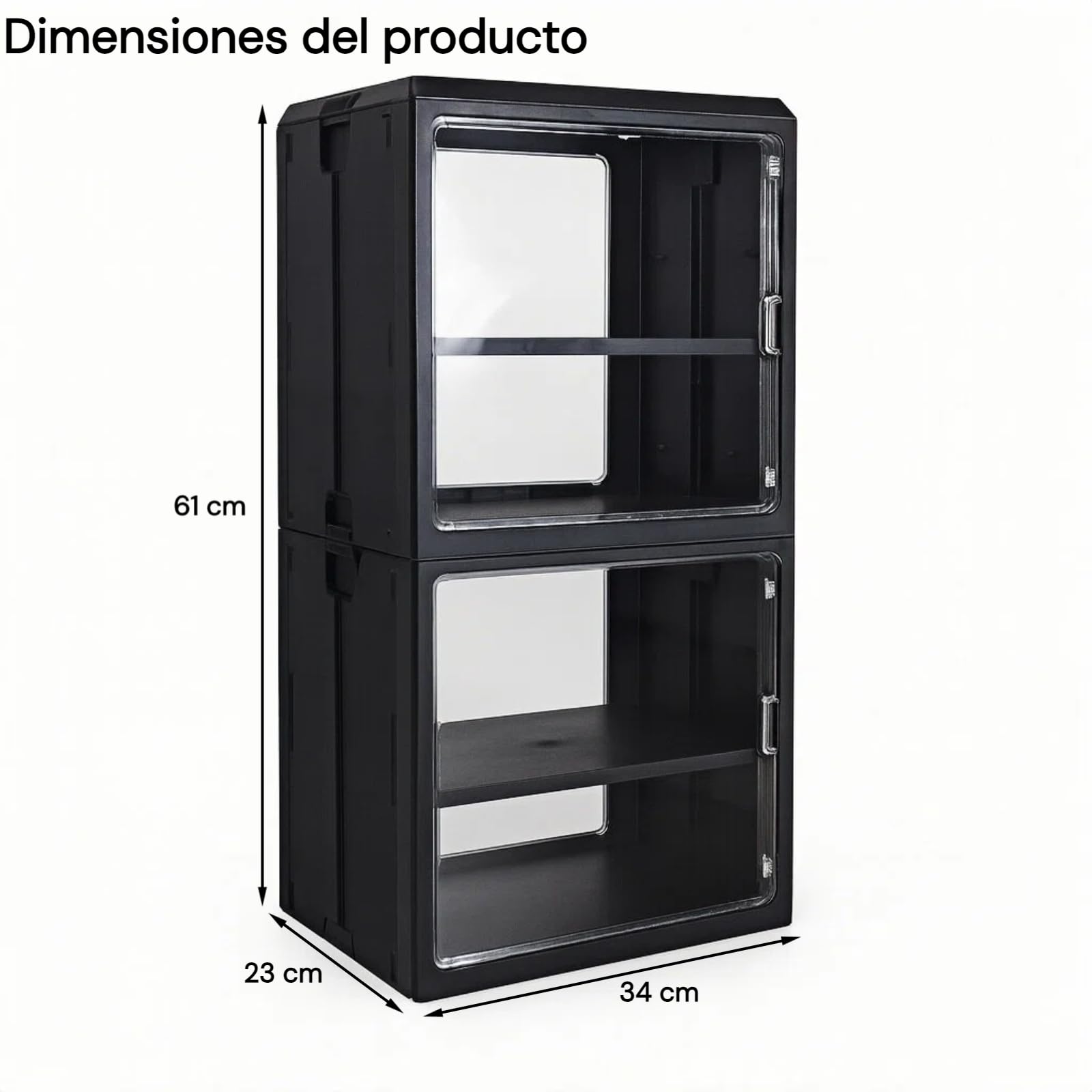 Vitrinas Transparentes, Plegables y apilables con Puertas de Doble Sentido para salón, coleccionables, Figuras, Cajas de Zapatos, Ropa, Bolsos y Documentos (Negro, 2 Niveles - Baldas Grandes)