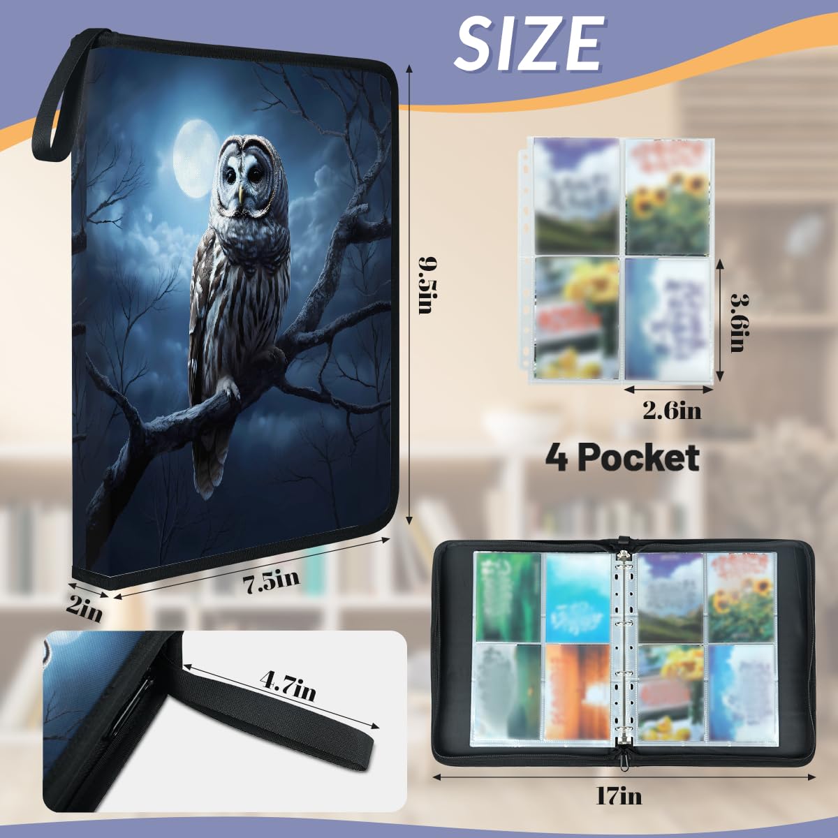 Classeur pour cartes à collectionner - 4 pochettes - Motif hibou et lune - Pour Halloween - Avec pochettes amovibles - Étanche - Avec fermeture éclair - Capacité de 50 pages et 400 cartes