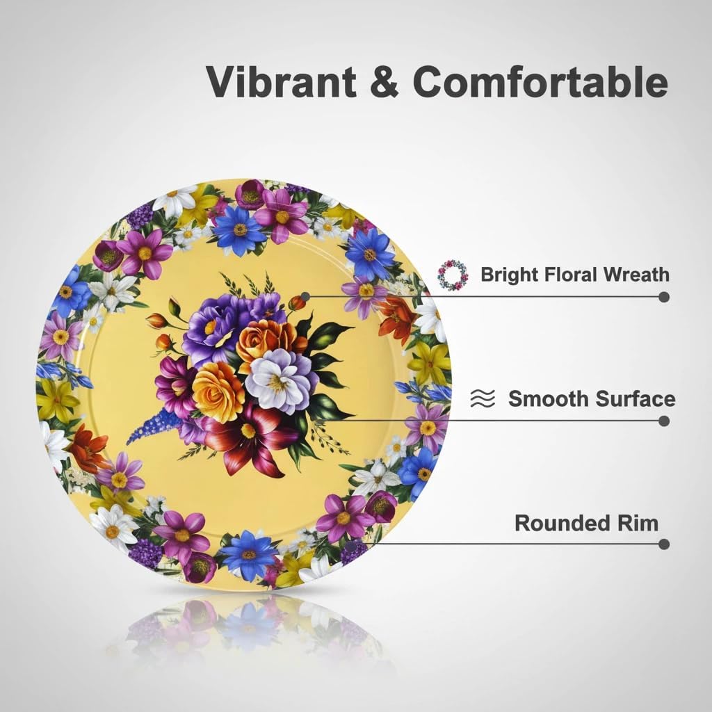 Metal Plate Set of 4 – Vibrant Floral Wreath Design – Colorful Table Accent Plates (4-Pack)