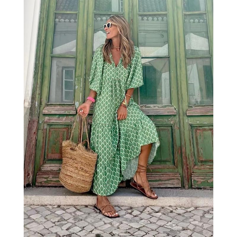 Image of Womens 2024 Casual Boho Maxi Dresses V Neck 3 /4 Puff Sleeve Geometric Pattern Smocked Ruffle Beach Long Sundress