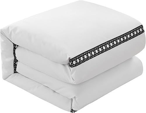 Miniatura 5 de Chic Home Lewiston - Juego de funda de edredón de mezcla de algodón de 7 piezas, 1500 hilos, color blanco sólido con detalles bordados, ropa de cama