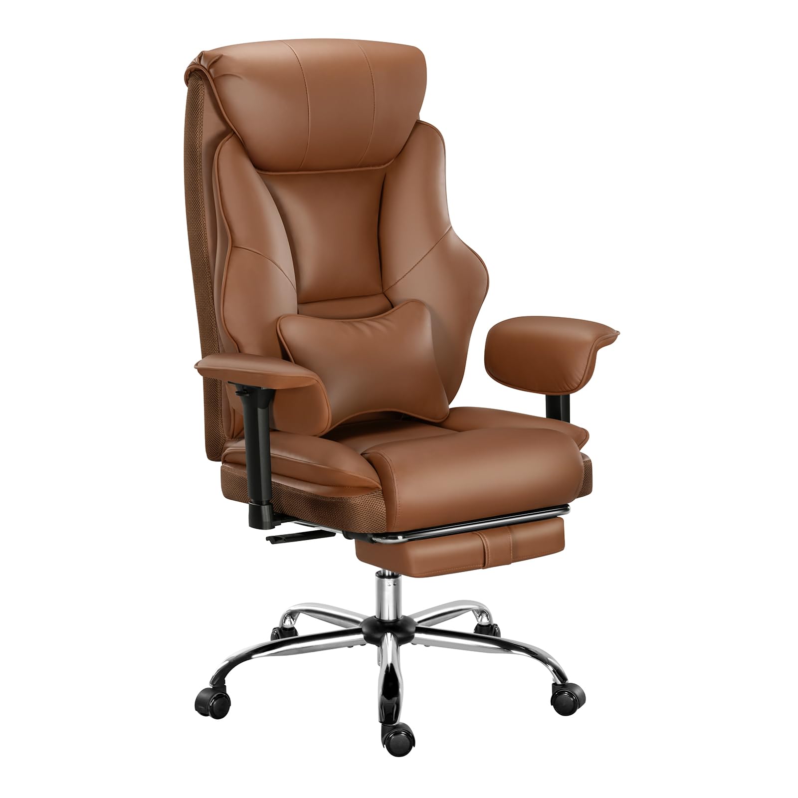 WOLTU Sillón Ejecutivo Ergonómica, Silla Oficina con Respaldo Alto y Cojín Soporte Lumbar, Giratoria con Reposapies Retráctil y Función Mecedora, Asiento PU, para Oficina o Casa,Marrón