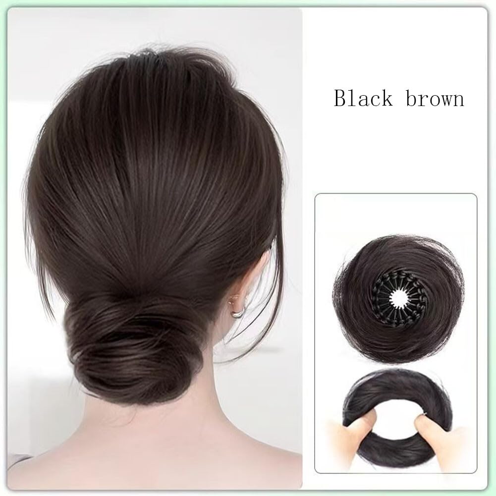 Expandable Bun Hair Piece Ponytail Extensions Synthetic Donut Updo Hairpiece Hair Bun Holder Stretchy Clip Ring(Black brown) - Image 2