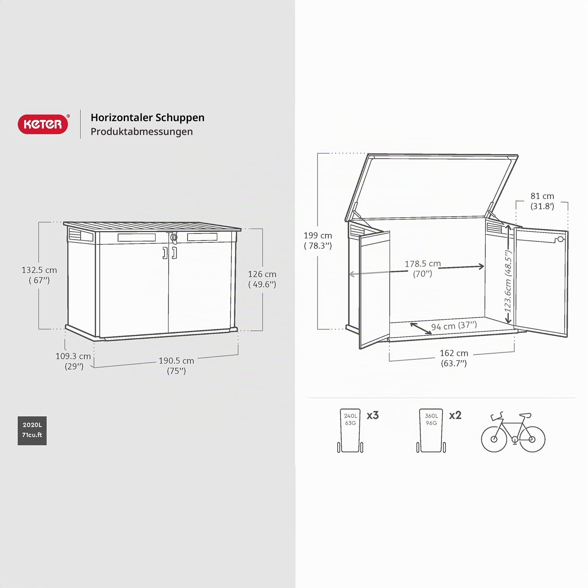 Keter Signature Gartenschrank, wetterfest, 2020 L Stauraum, abschließbar, mit Gasdruckfedern, Rosenholz-Optik, 190,5 x 109,3 x 132,5 cm, Mülltonnenbox für 2X 360l Tonnen