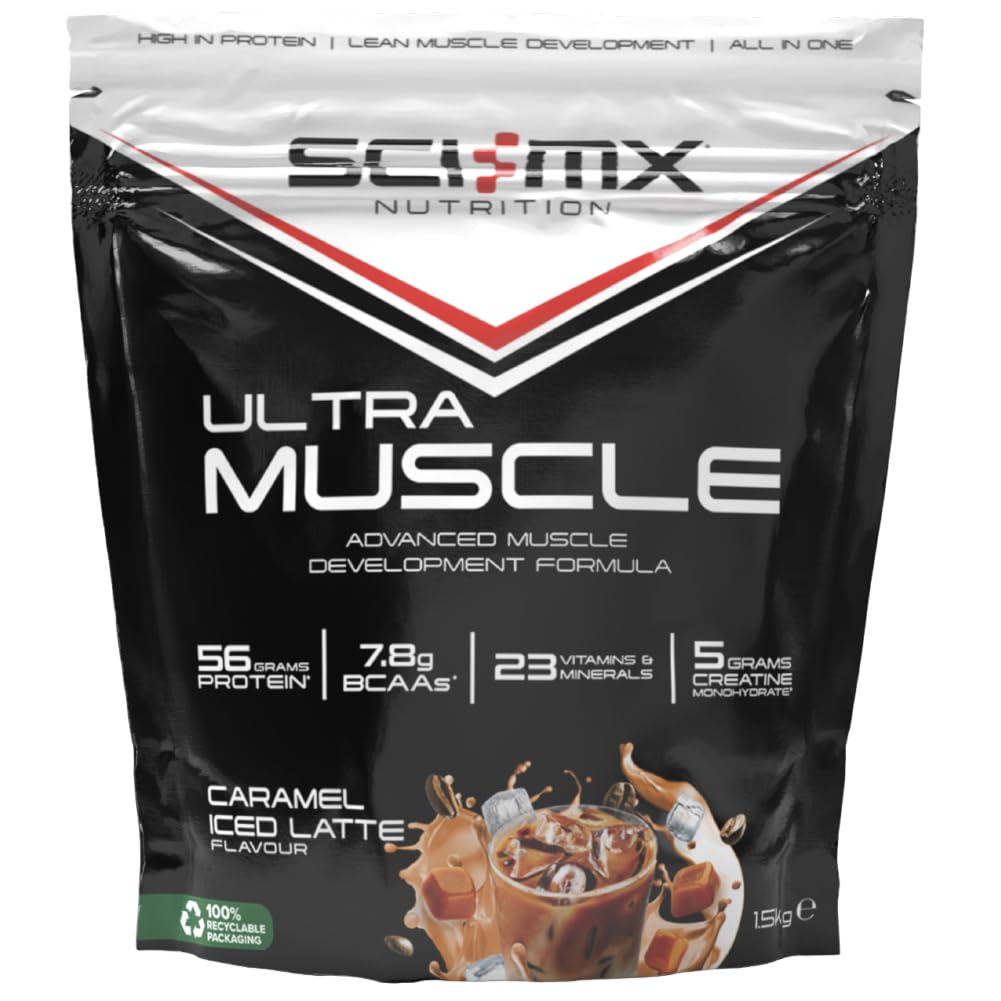 SCI-MX Ultra Muscle - Protein Powder for Muscle Development + 23 Vitamins & Minerals - Caramel Iced Latte • 56g Protein + 5g Creatine + 7.8g BCAAs per Serving • 1.5kg