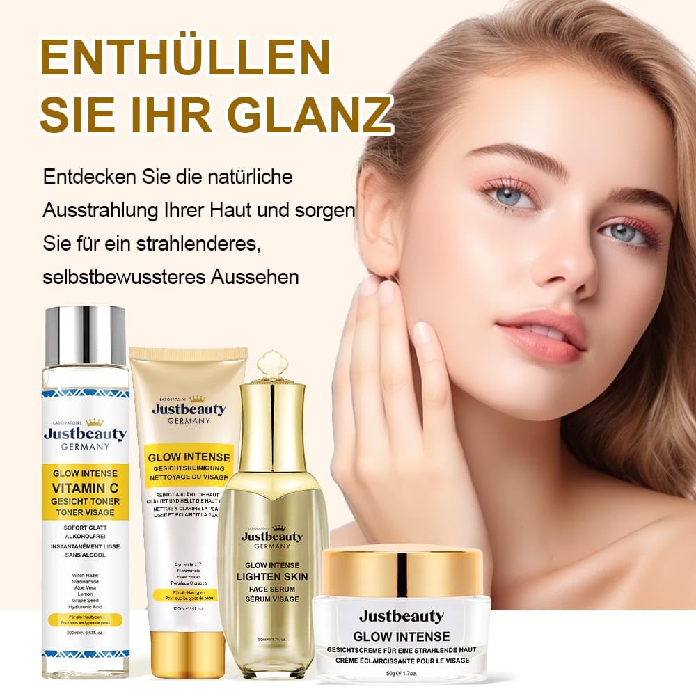 Glow Intense Kollagen-Aufhellungsset - Body Lotion, Gesichtscreme, Serum, Toner, Reinigung - Klärt, Spendet Feuchtigkeit, Hellt auf - Mit Kollagen, Niacinamid, Vitamin C (1, Kilogramm)