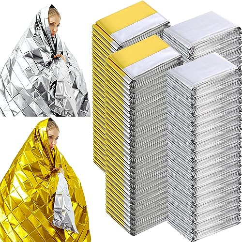 Kanayu 100 Pack Emergency Foil Thermal Blankets for Survival 82 x 63 Foil Space Blanket Kit for Outdoors Camping Hiking Homeless Survival or First Aid, 50 Pcs Golden 50 Pcs Silver