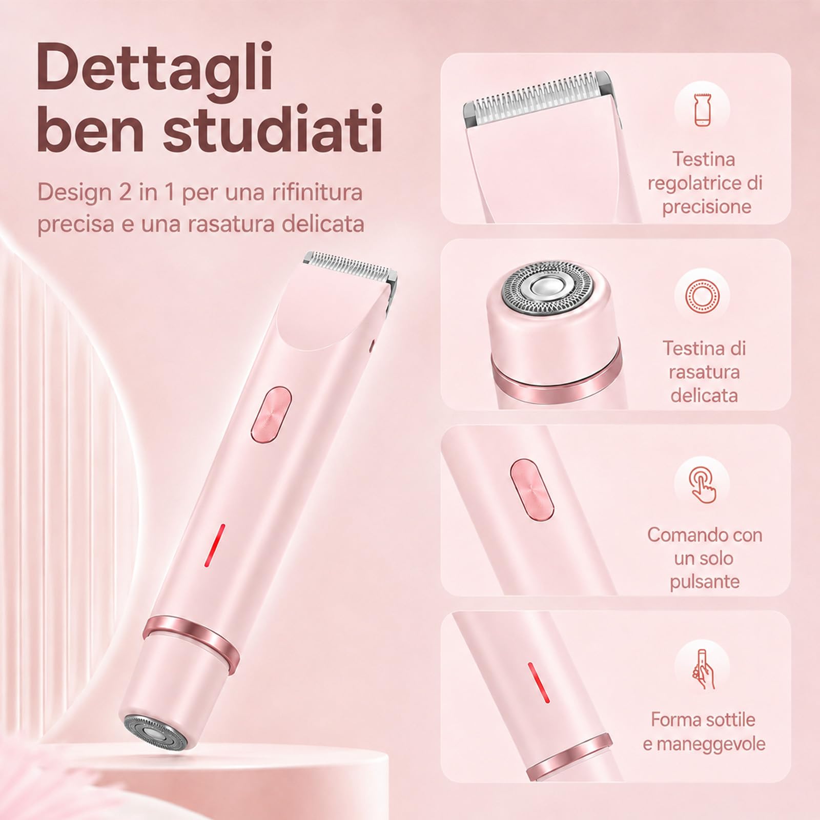 Shavea Perfetta, Shavea Rasoio Donna, 2 In 1 Per Bikini E Corpo, Per Uso A Secco E A Umido, Adatto Per Viso, Ascelle, Gambe E Tutto Il Corpo (Rosa)