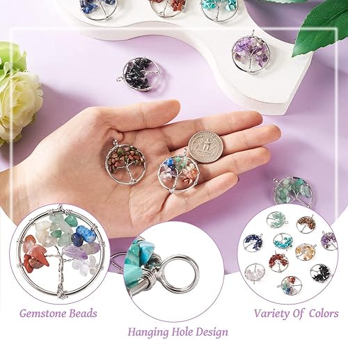 Miniatura 3 de FASHEWELRY 10 dijes de árbol de la vida, piedras preciosas de chakras de cristal de cuarzo, dijes de piedra para árbol de la vida para bricolaje,
