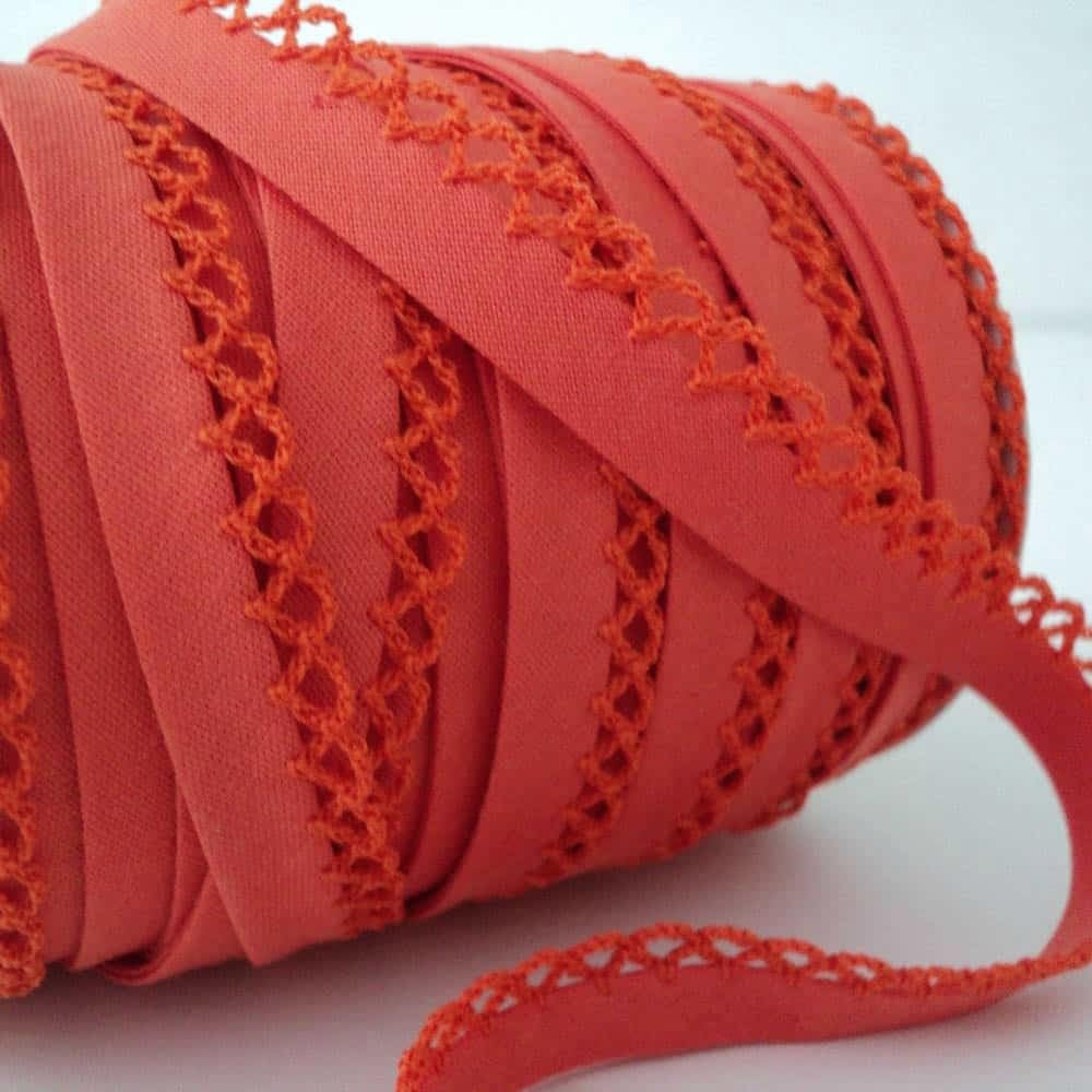 5m of Professional Quality Picot Lace Bias Binding Trim, 12mm Double Fold. Used for Edging Clothing, Quilting, Soft Furnishings Toys, Sewing Projects. UK Haberdashery Company (Deep Coral Orange)