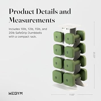 WeGym SafeGrip Square Dumbbells with Anti-Slip Handles, Safe Weight Lifting Equipment for Home Gym, Aesthetic Dumbbell Sets (Complete Set 2+3+5+8+10+12+15+20LB Pair - Green Set)