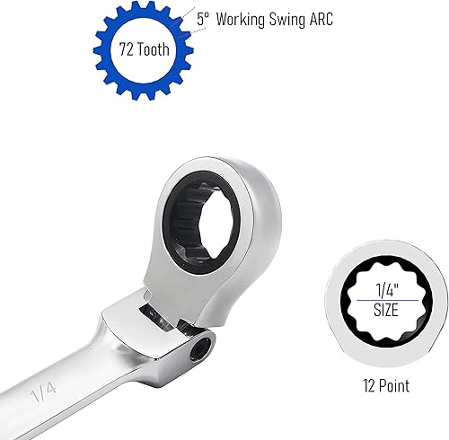 Miniatura 3 de Llave combinada de trinquete de cabeza flexible de 14 de pulgada SAE 72 dientes de 12 puntos de trinquete de caja de trinquete y herramientas de